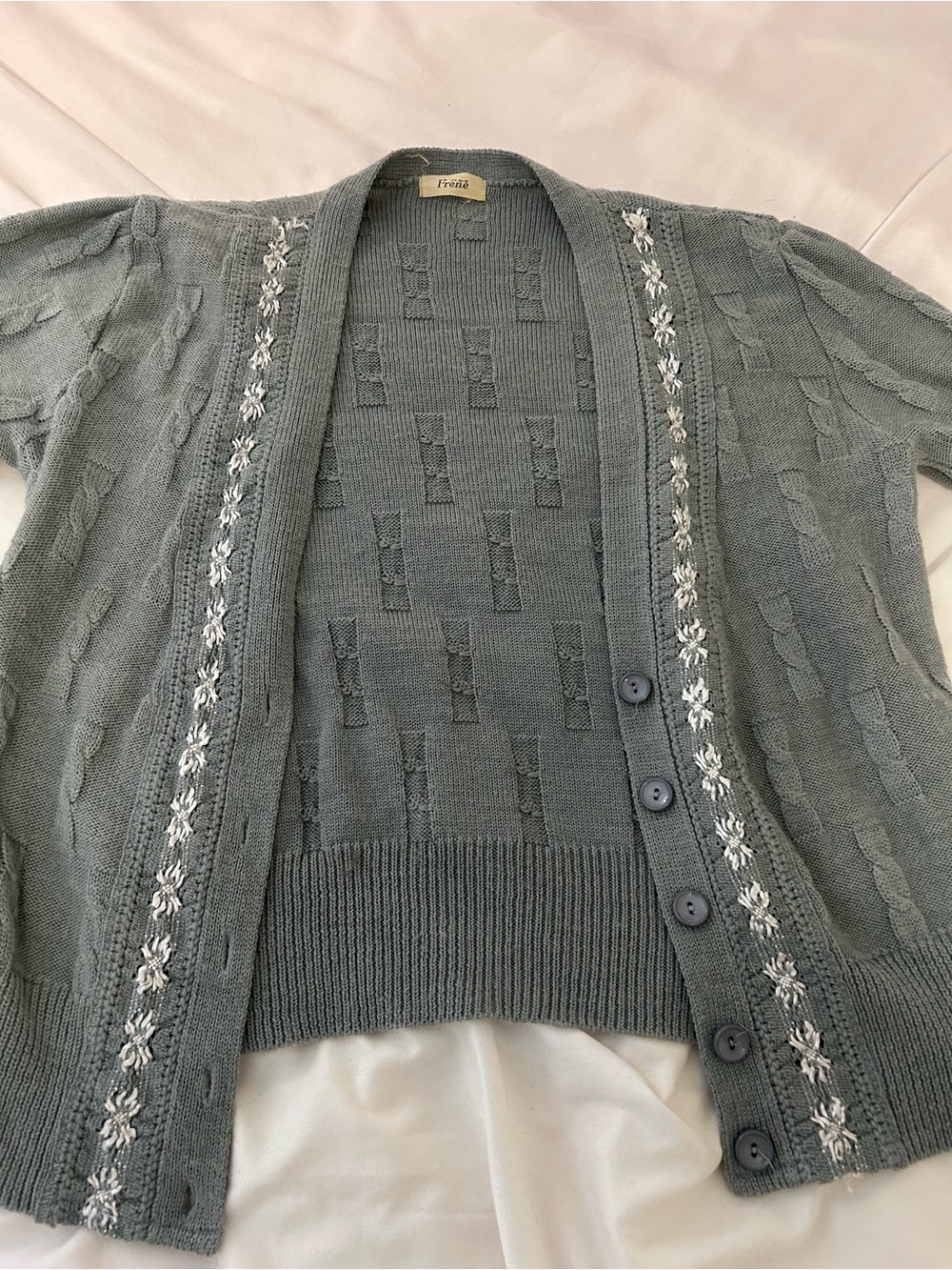 Vintage Gray Cardigan with White Floral Trim